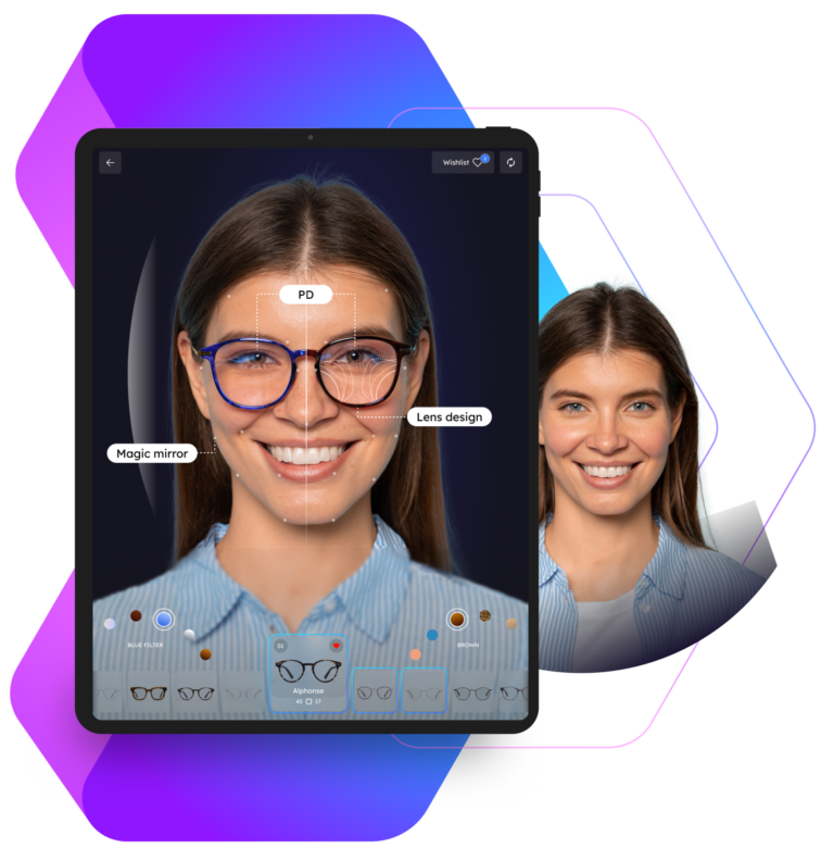 iPad displaying a lens configurator app with a 3D model of eyeglasses and lens thickness options