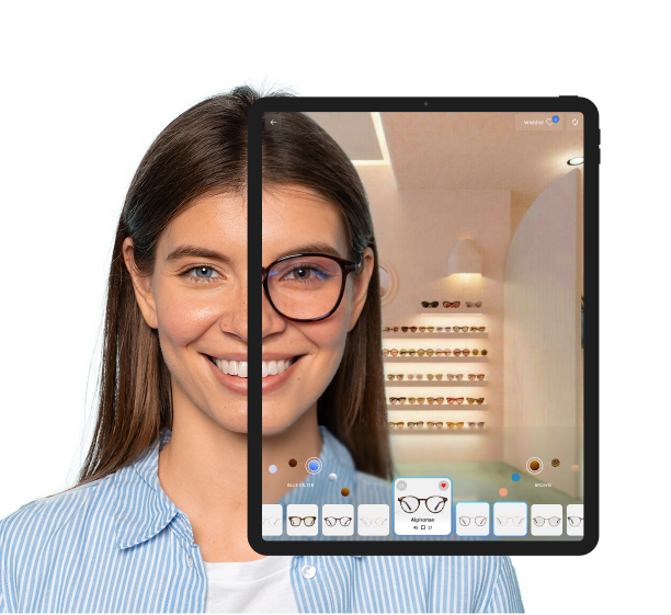 Split view of a woman using the virtual eyewear try-on feature, with one side of her face without glasses and the other side on an iPad screen wearing glasses