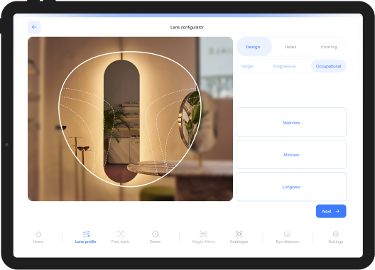View of an optical store through a simulated basic progressive lens, showing the sharp central vision area and blurred periphery, with lens type options on the left