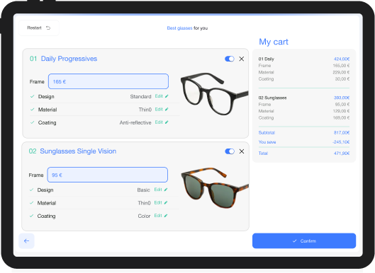 Split view of a woman using the virtual eyewear try-on feature, with one side of her face without glasses and the other side on an iPad screen wearing glasses
