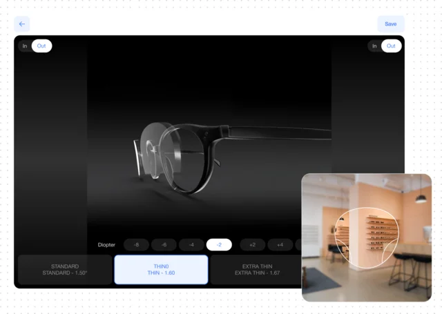 A lens rendered on screen with thickness compared across standard, thin and extra thin options.