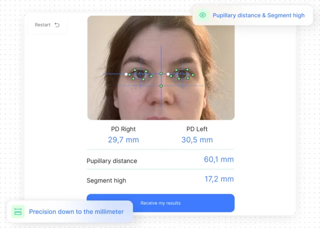 A digital measurement of pupillary distance and segment height taken from a customer photo.