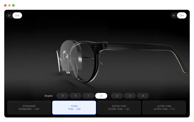 A lens rendered on screen with thickness compared across standard, thin and extra thin options.