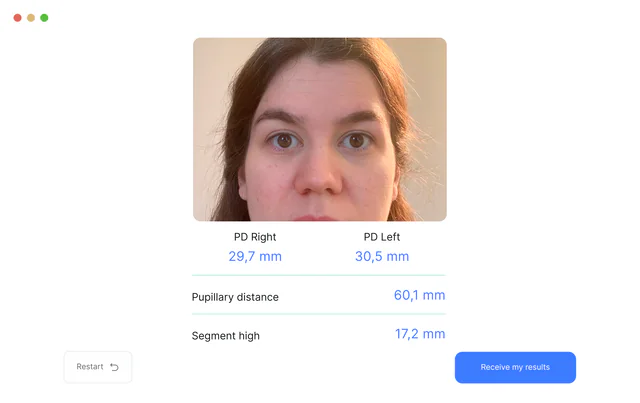A digital measurement of pupillary distance and segment height taken from a customer photo.
